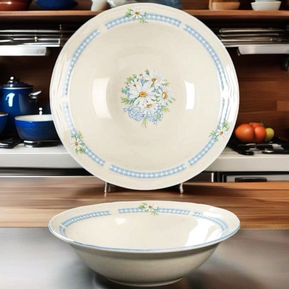 Tienshan Stoneware Daisy Bouquet Blue Trim 7” Soup Salad Cereal Bowls (4) - Picture 1 of 7